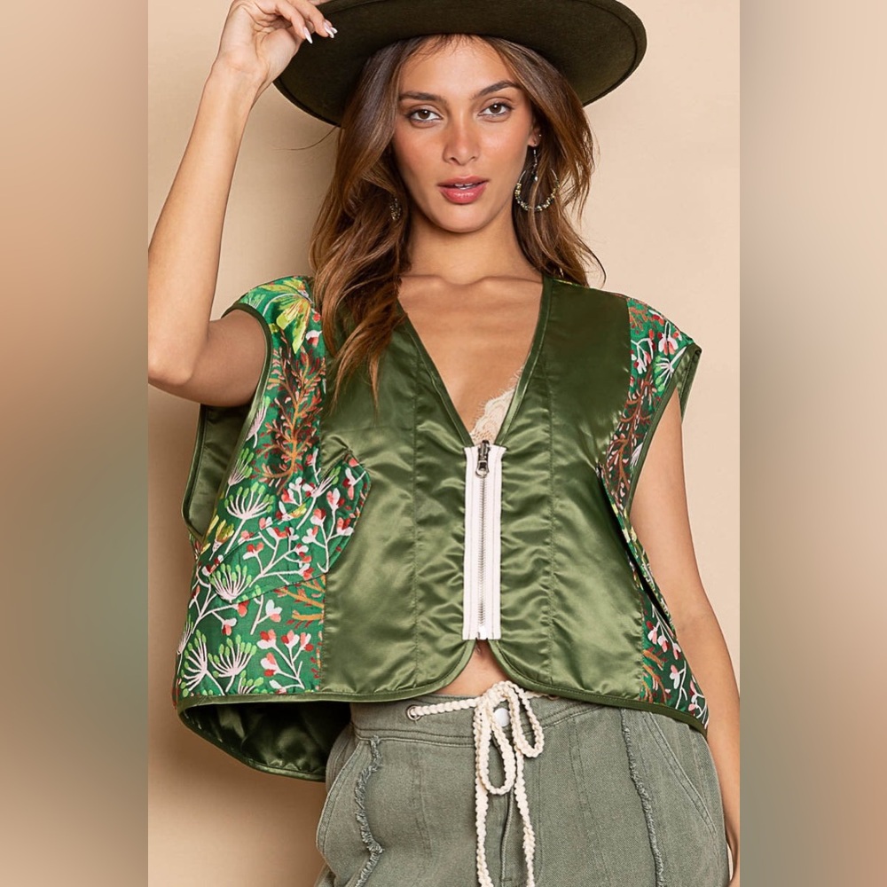 Floral Jacquard Print Quilted V-Neck Vest Top - POL